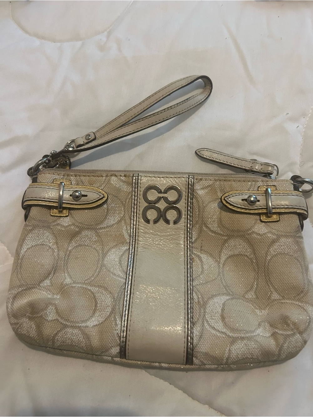 Coach Neutral Signature Canvas Wristlet with Cream Trim